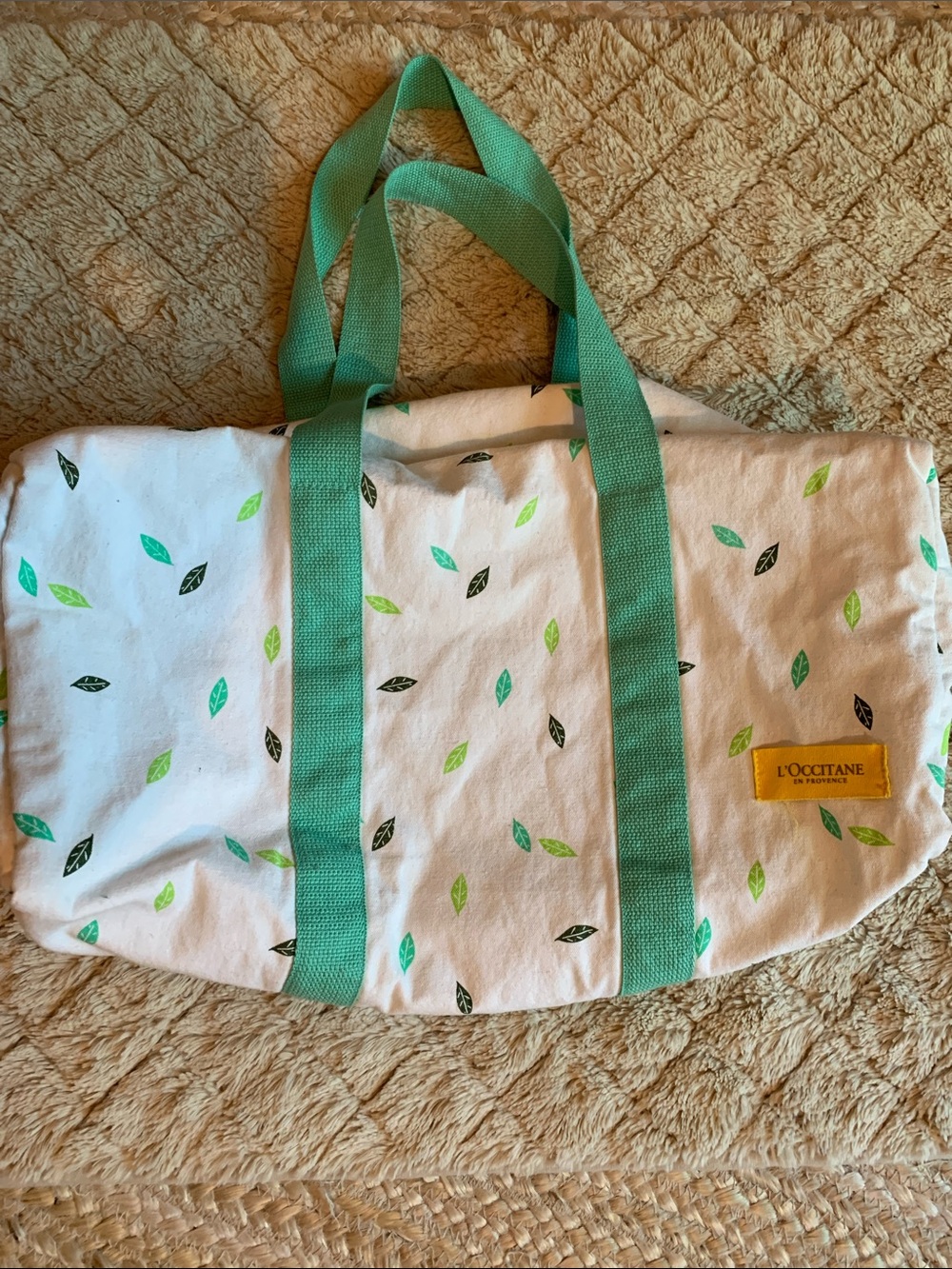 L'OCCITANE White Cotton Canvas Tote with Green Leaf Print and Green Handles